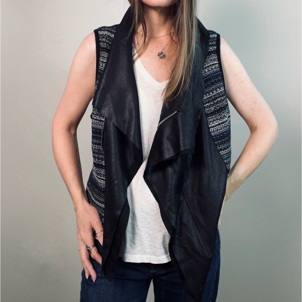 KAREN KANE Faux Leather Mixed Media blue and black Moto Style Vest